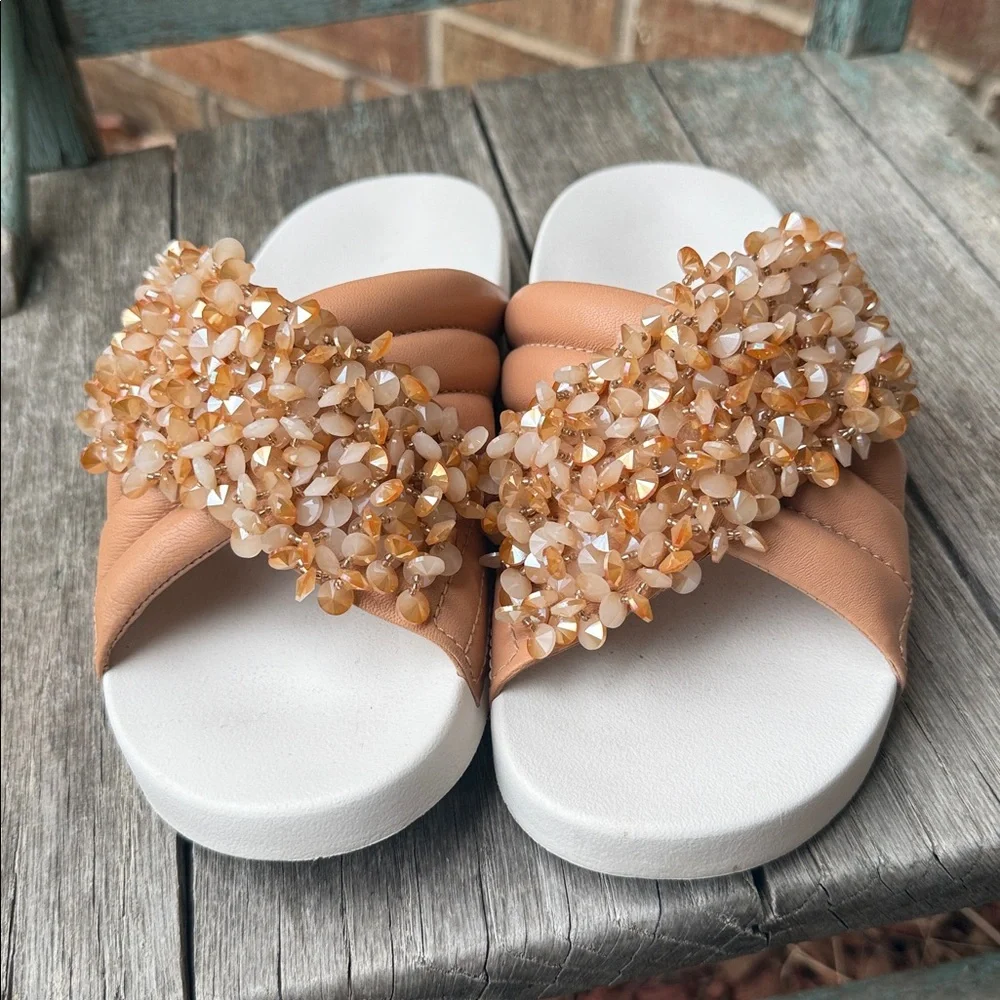 Embellished Tan Slide Sandals for Women - Bead Accent